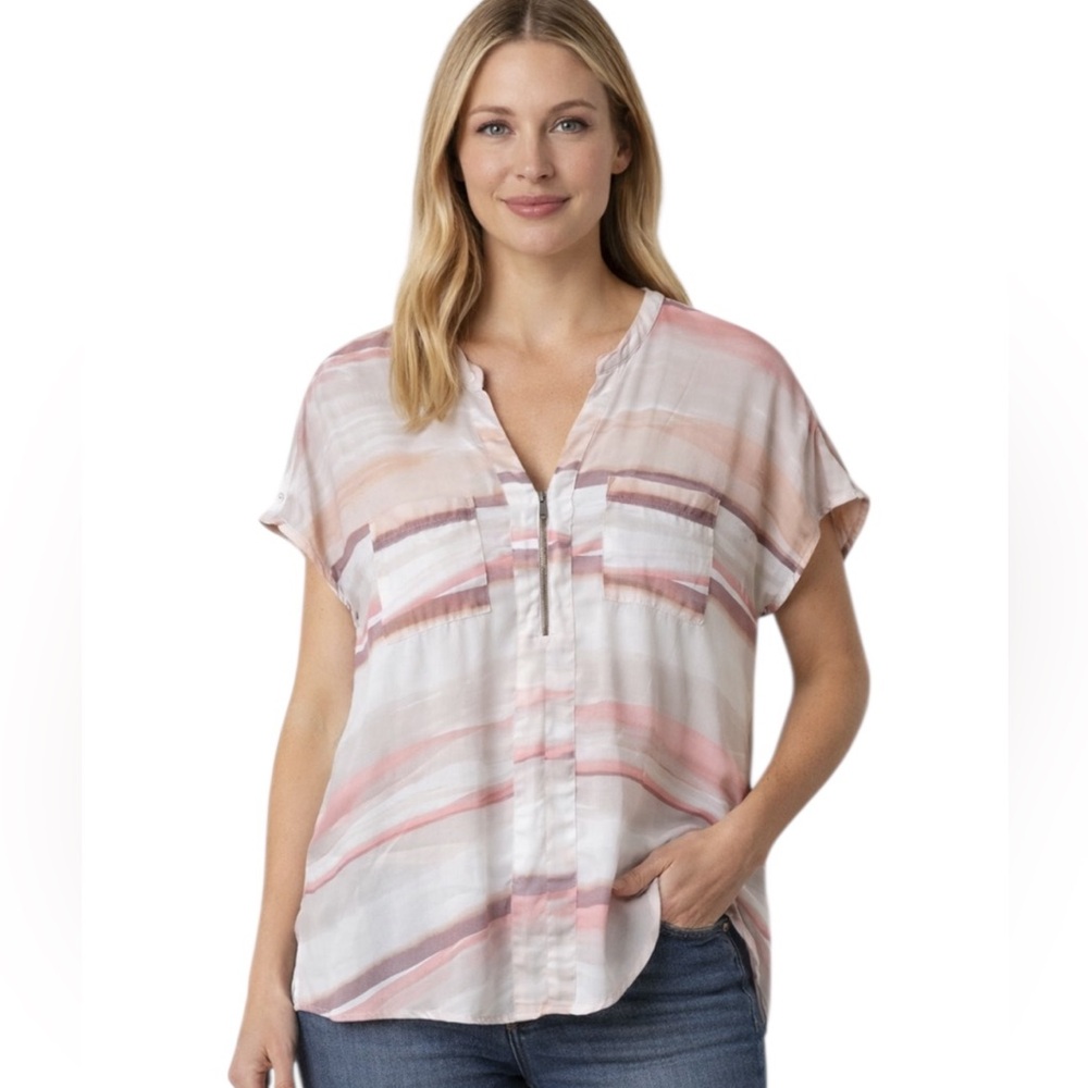 Torrid Georgette Zip Dolman Blouse Pink White 1X